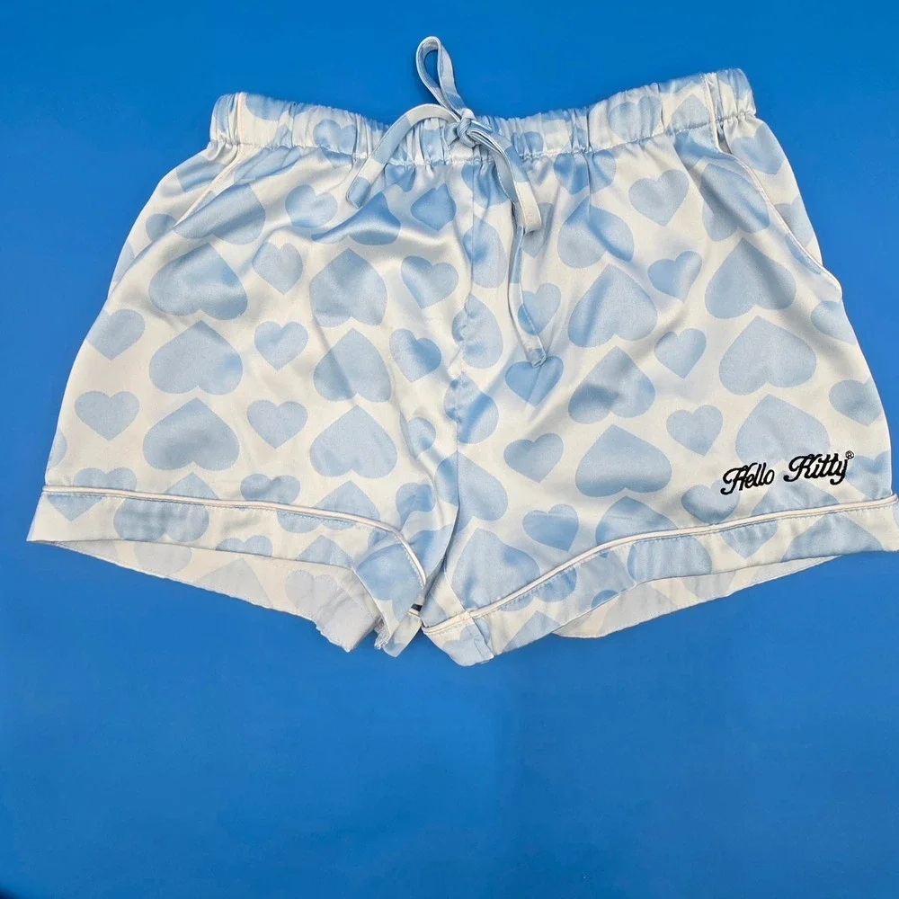 Forever 21 Hello Kitty Sanrio Satin Pajama Set Blue Heart‎ Shorts Top Womens S